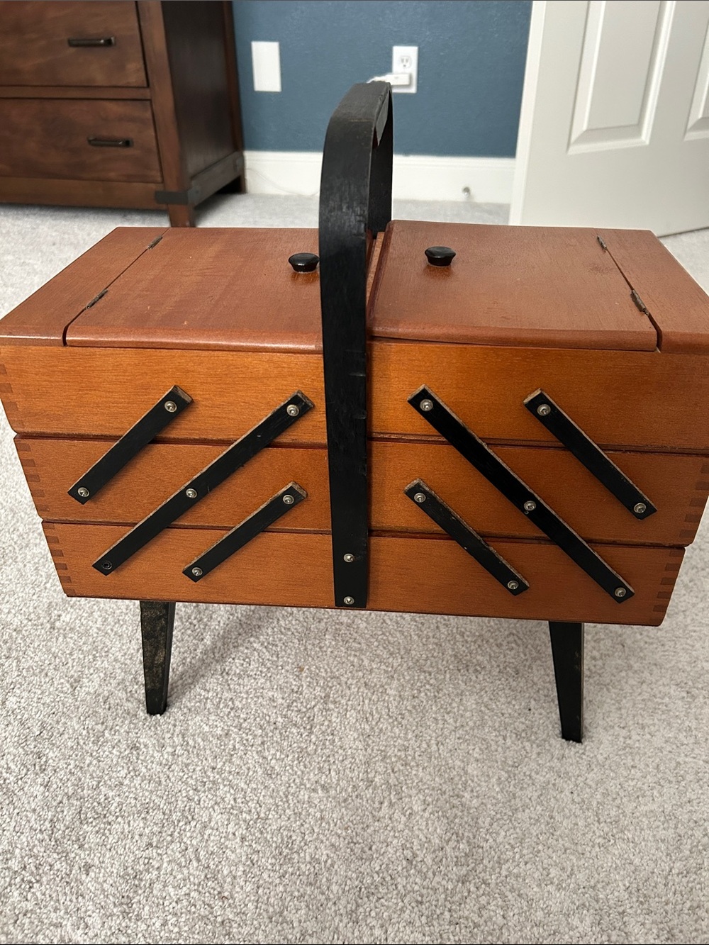 Vintage Wooden Sewing Box with Black Accents and feet. - Picture 9 of 15
